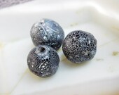 Polymer Clay Beads - 3 Rustic Crackle Beads - Grungy Soot Black Trio - Fancy Tribal Textured - Neutral Dusty Dark Glazed Clay Bead Set