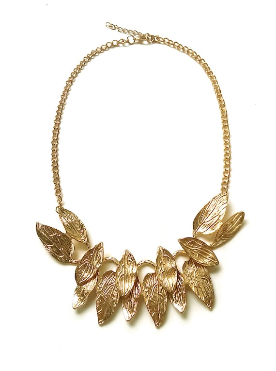 Gold statement necklace golden leaf bib by TheFashionBandits