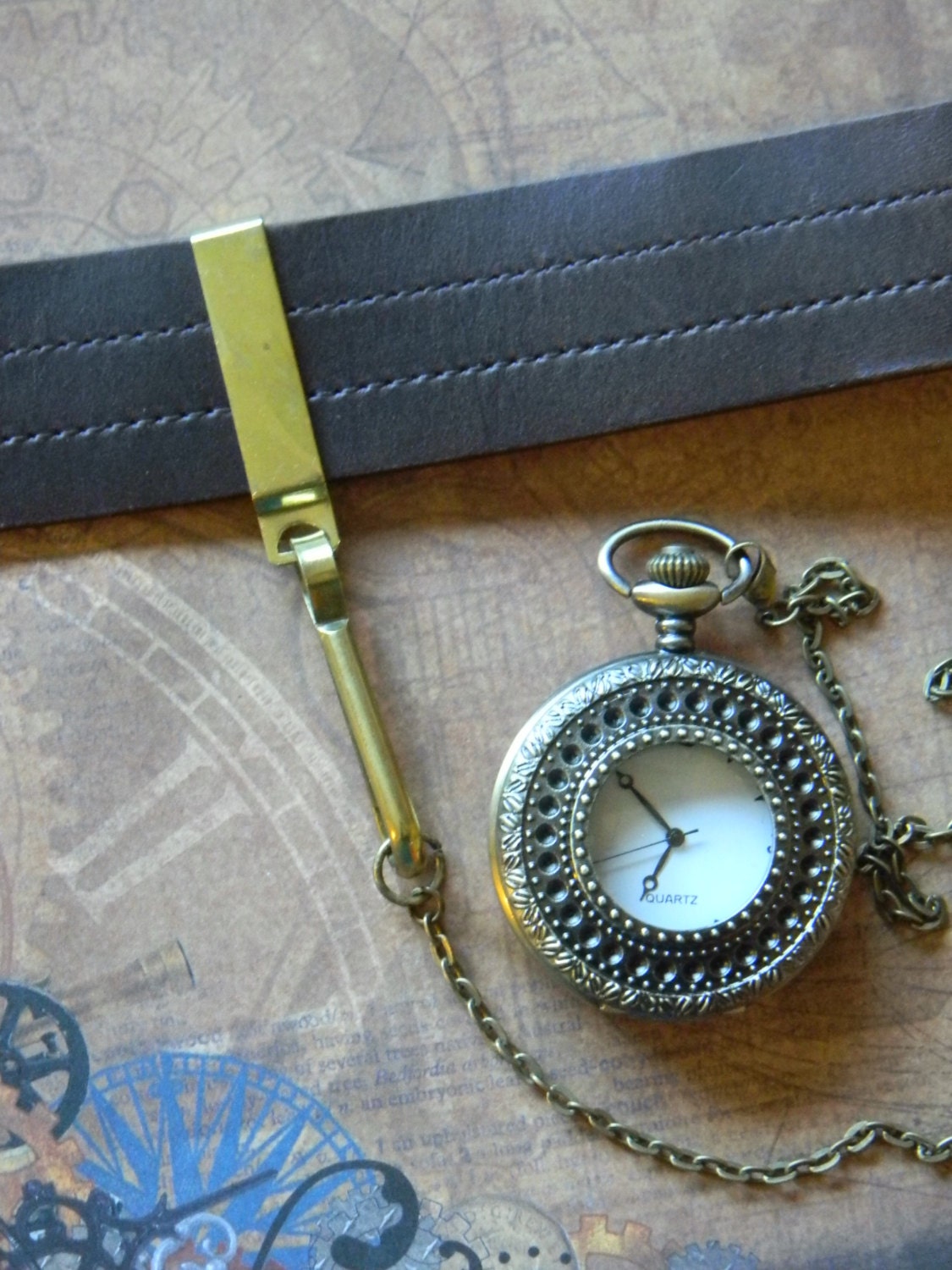 Cool Pocket Watch Chain Belt Clip Vintage Aged Brass Plated