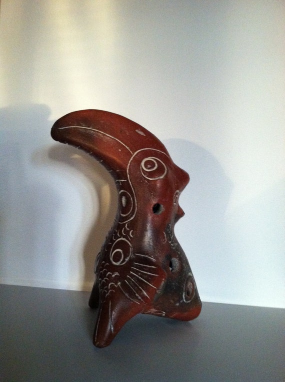 Ocarina Costa Rican Folk Art Fired Clay Native Pipe/Flute