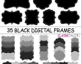 Digital clipart labels: "BLACK DIGITAL FRAMES" clipart frames, labels, tags in black for scrapbooking, cards, invitation, stationary, albums