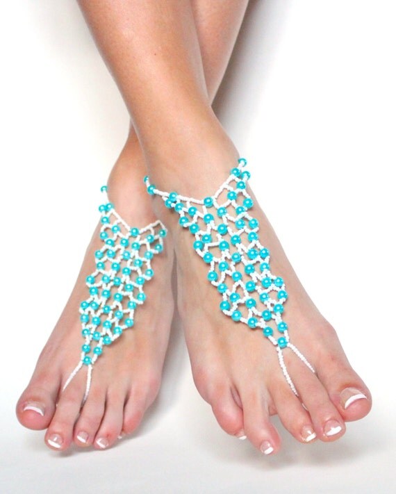 Teal and White Bridal Beaded Barefoot Sandals Beach Wedding ...