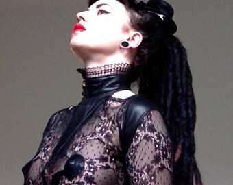 3 Drops Of Poison High Collar Lace Bodysuit with Leather insets Black ©