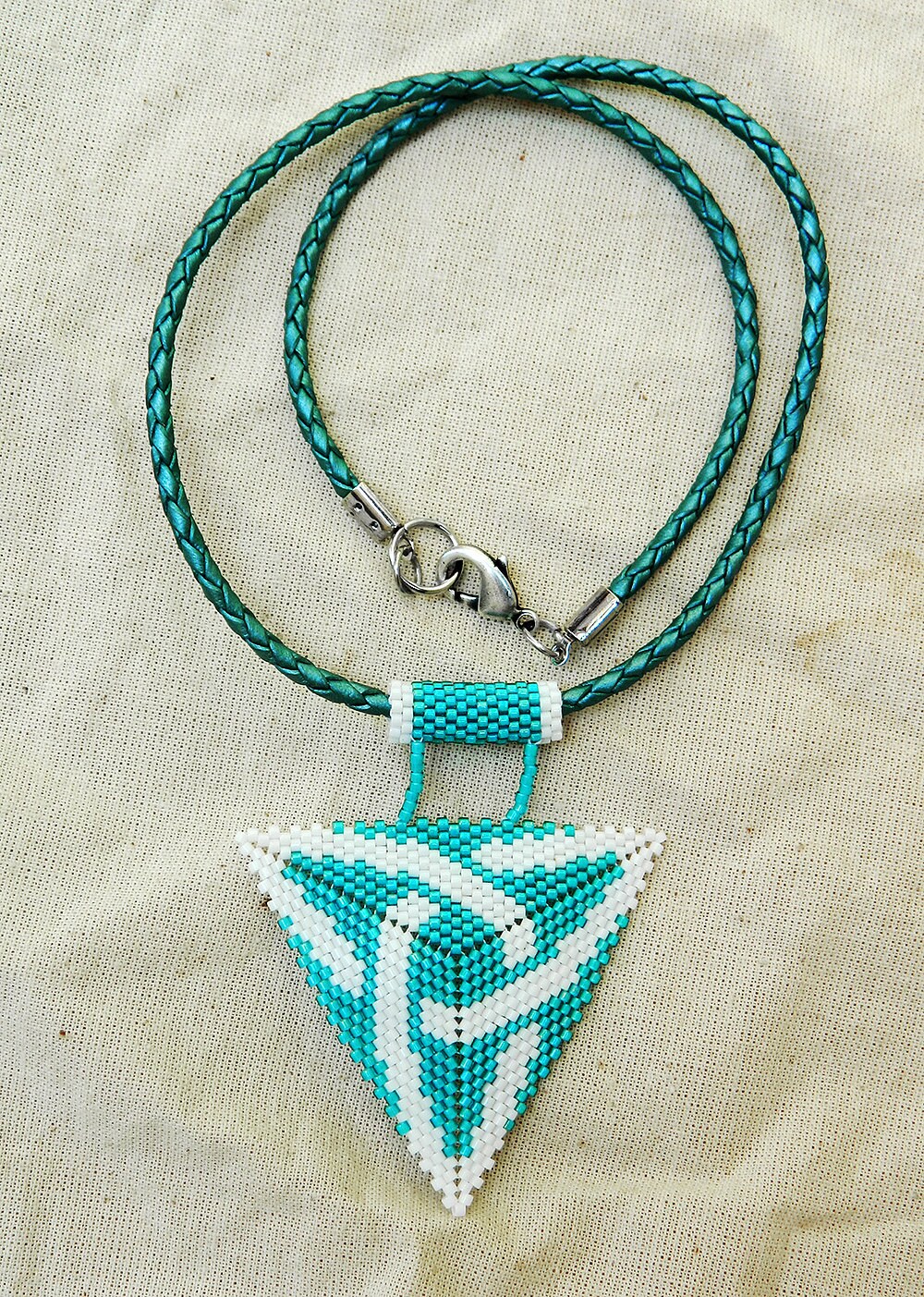 Beaded Celtic Knot pendant beaded necklace white and turquoise