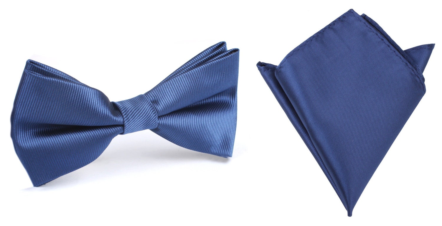 Matching Bow Tie Pocket Square Combo Navy Blue Line Solid
