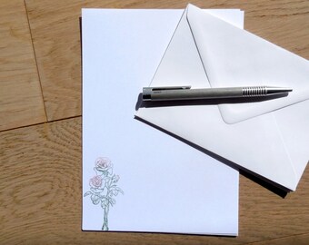 roses, hand stamped stationery set, letter writing set, personalized paper set, green and red