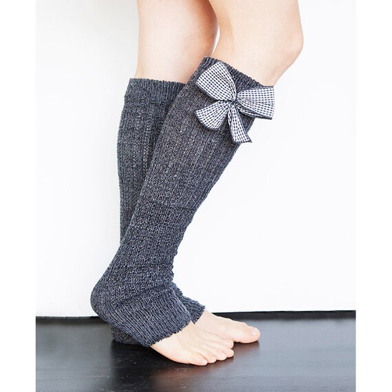 Gray Knit Leg Warmers with Gingham Bow Gray Leg Warmers Boot