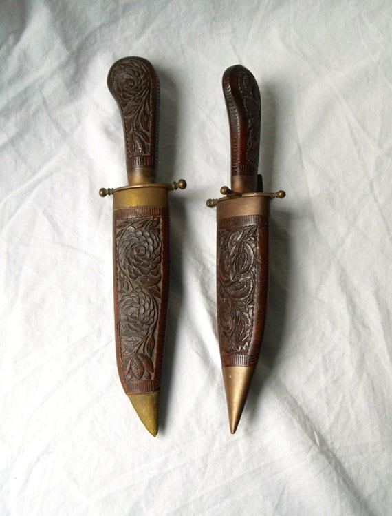 East Indian Carved Knife and Fork Set Military Memorabilia