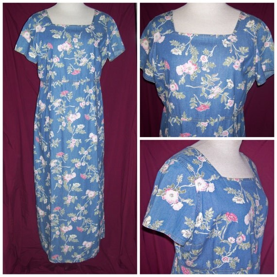 Vintage Floral Denim Dress / 1980s Liz Claiborne Blue Cotton