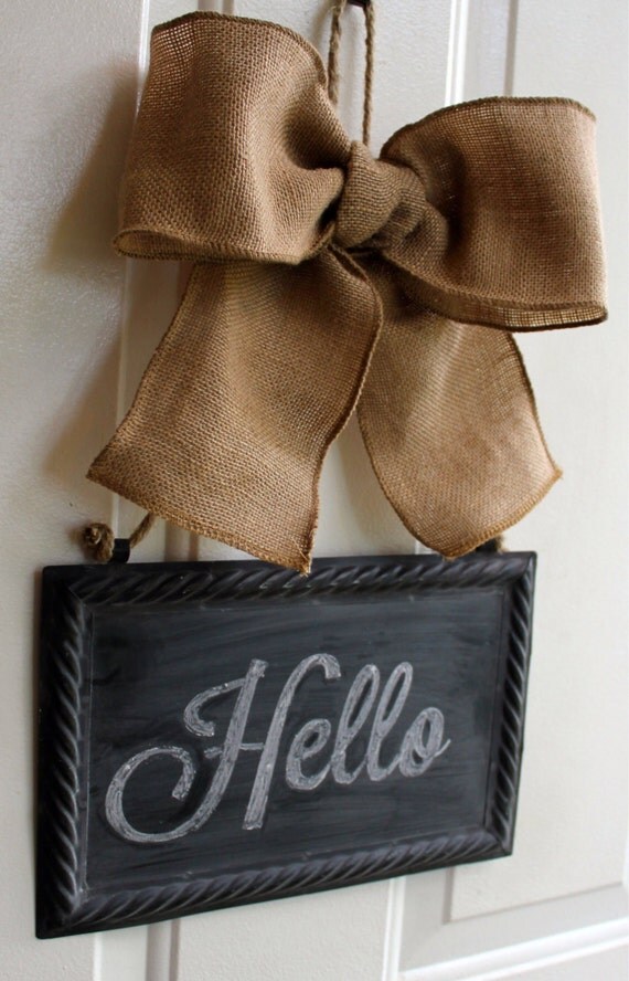 Hello Hanging CHALKBOARD Sign Burlap Bow Rope Year Round Decor
