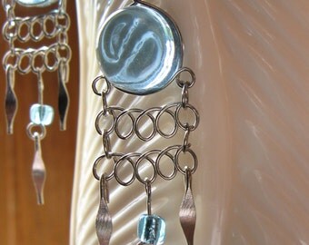 Round Blue Murano Glass Peruvian Earrings - Silver Wirework Jewelry French Wire Hooks Added