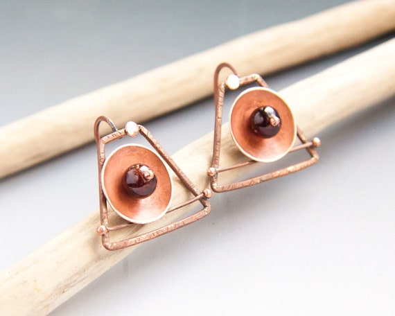 geometric earrings with garnet, copper, circle and triangle