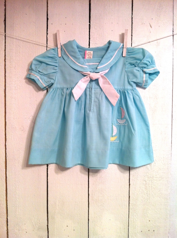 Vintage Baby Clothes/ Aqua & White Sailor Sailboat Dress/ 24 Months