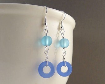 Unique blue earrings sea glass earrings seaglass earrings sea glass jewelry seaglass jewelry frosted glass jewelry beaded earrings gift