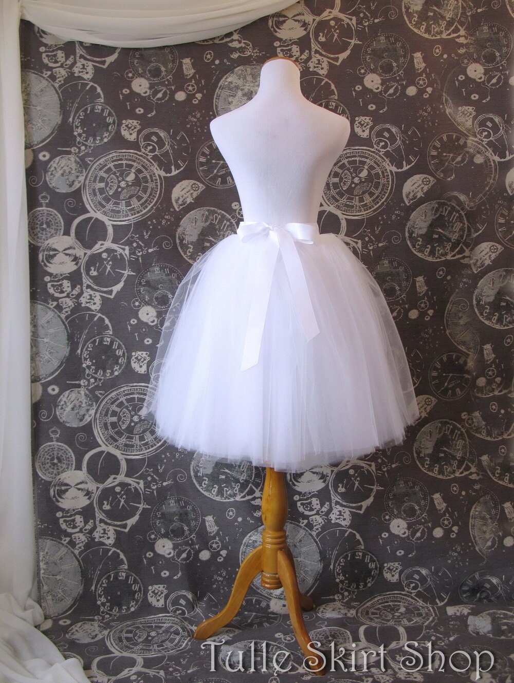 White Tulle Skirt Adult Knee Length Tutu With Ribbon Waist 6775