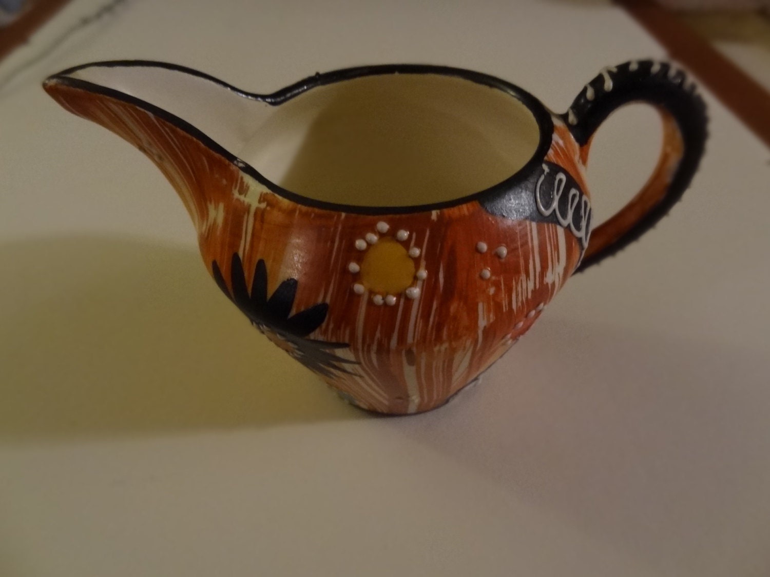 Vintage Hand Painted Orange and Black Maiorca Creamer and Serving Plate
