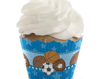 All Star Sports Cupcake Wrappers - Baby Shower Cupcake Decorations - Birthday Party Cupcake Supplies - Set of 12 Cupcake Liners