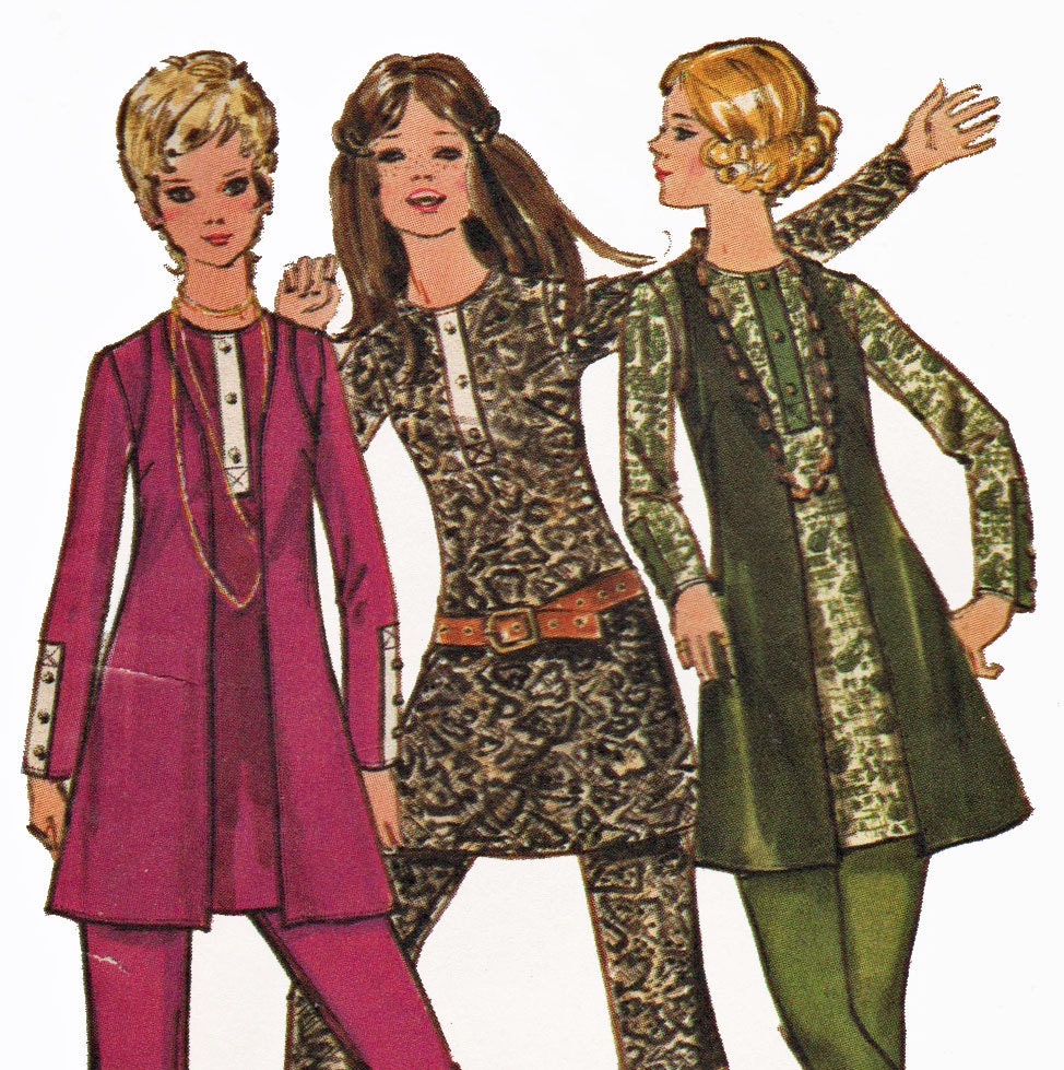 Mod 70s Pant Suit Pattern Vintage 1970s Henley Top Groovy Long