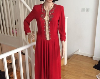 1940's red dress with ruching and amazing beading