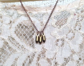 Zoe Necklace -- Three Bullet Charm Necklace-- Small Brass Bullet Charms on Delicate Copper Chain