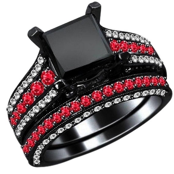 etsy Diamond Engagement Ring 2.35 Ct Black Princess Diamond Bridal Set