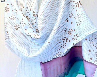 Hand Painted Silk Shawl, Pastel Blue Silk Shawl, Petite Sumi Painting Wildflowers, Large Silk Scarf, Silk Scarves Takuyo, 22x90 inches.