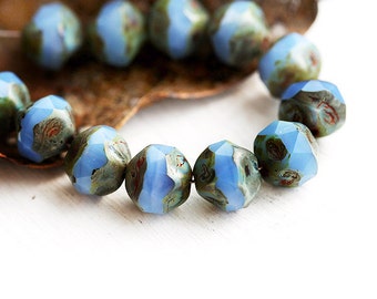 Milky Cornflower Blue czech beads, picasso round cut fire polished beads, nugget - 9mm - 12Pc - 1589