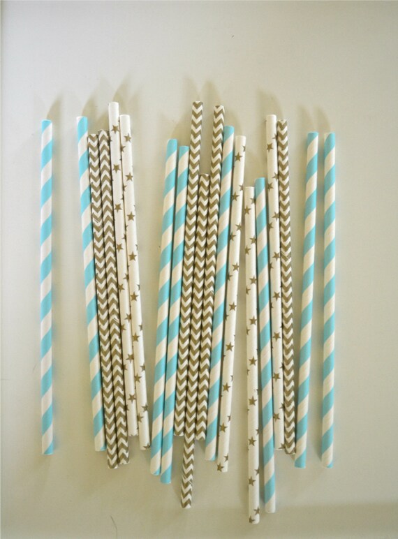 25 Little Prince Paper Straws, Light blue and gold Stripes, Stars and Dots, Little Prince, Baby shower, Drinking Straws, Cake Pops Il_570xn