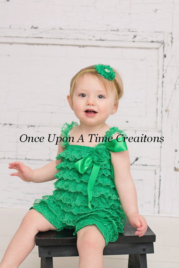 Green Lace Romper Shabby Flower Embellished Baby Girls
