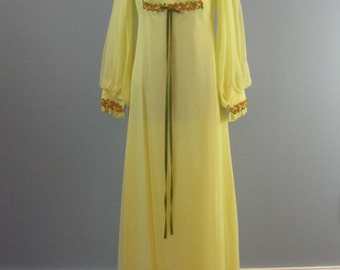 Yellow Chiffon Dress / Vtg 60s / Vintage Bridesmaid Gown with Headpiece ...