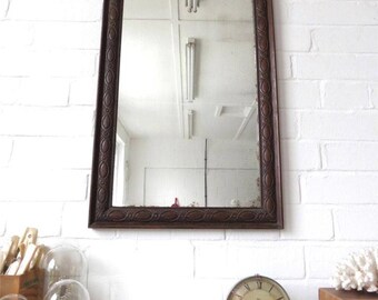 Vintage Large Bevelled Edge Wall Mirror Art Deco Carved Wooden Oak Frame