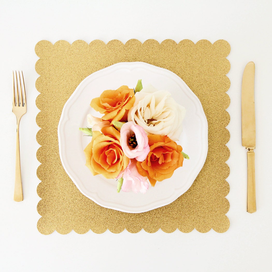 Gold Glitter Square Scallop Paper Placemats Pack of 10