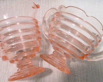 40's Light Pink Rose Depression Glass w/ Horizontal Grooves Cream & Sugar