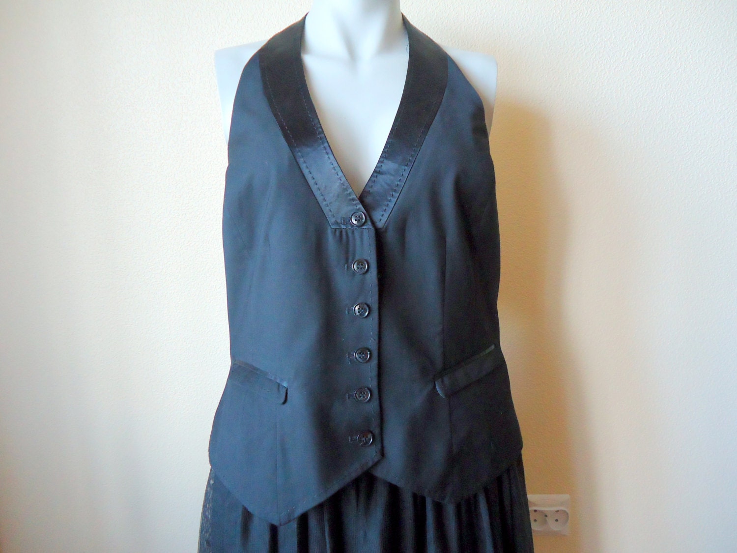 Black Vest Womens Steampunk Formal Waistcoat Edwardian Renaissance Baroque Victorian Open Back Extra Large Size