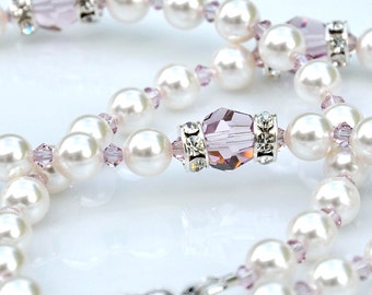 Baptism Rosary Personalized Name - June Baby Light Amethyst Swarovski Crystals White Pearls - Catholic Baby Heirloom Gift - Purple Rosary