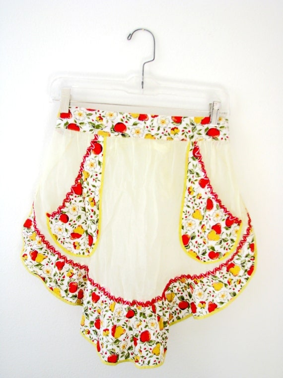 Vintage Half Apron - Red Yellow - Apples Strawberries - Summer Country - Retro Gift for Bride - Kitchen Accessory - New Home House