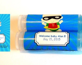 10 Superhero Baby shower Lip balm Favors - custom color & flavor, personalized lip balm, batman baby shower, super hero baby shower, A28