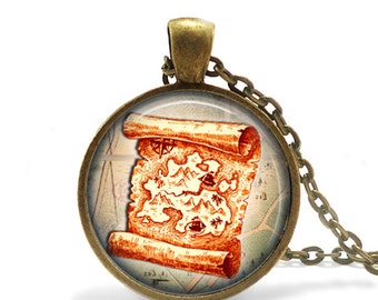 Map Necklace, Treasure map jewelry, Pirate map necklace, Navy sailor jewelry, Treasure Navy pendant, Map Treasury necklace, Treasure map