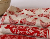 Flour Sack Towel, Hand Printed, Red Farm Prints, 3 Natural Cotton Towels