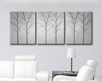 Wall Art Painting Canvas Art 3 Piece Wall Decor Large Paintings of Trees Minimalist Home Decor Abstract Wall Hanging Gray Art 48x20