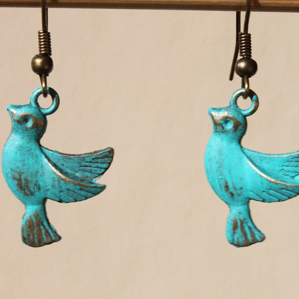 Turquoise Earrings Bird Earrings Patina Earrings Swallow