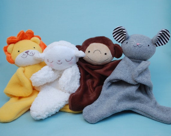Lovey Dovey Lion, Lamb, Monkey, Mouse - Easy baby toy sewing pattern from While She Naps