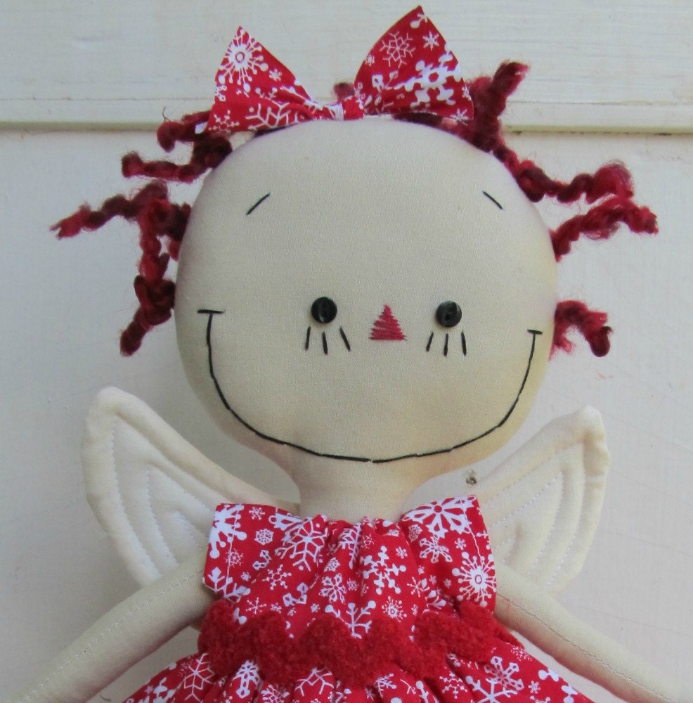 Angel Christmas Tree Topper in Red and White snowflakes handmade...red hair