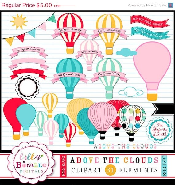 50% off Hot Air Balloons clipart with bright colors Up, Up, and Away, INSTANT Download Il_570xn