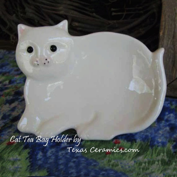 Ceramic Cat Tea Bag Holder Small Spoon Rest Catch by TexasCeramics
