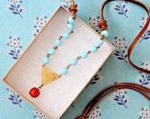 Aqua Bead Chain Necklace, Leather and Aqua Bead Necklace