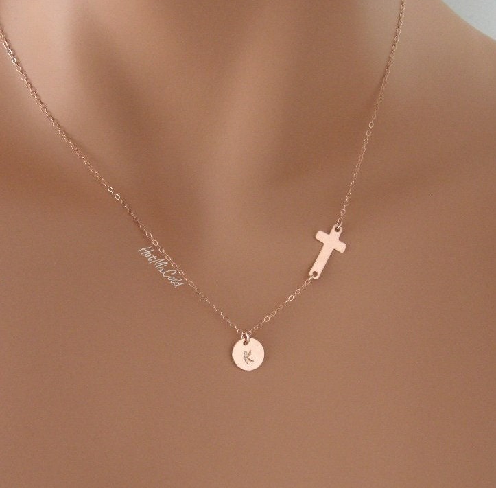 ROSE GOLD Sideways Cross and Initial Necklace. by hotmixcold