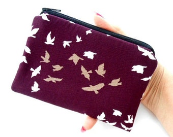 Little Zipper Pouch Coin Purse ECO Friendly Padded NEW Plum Winged Birds