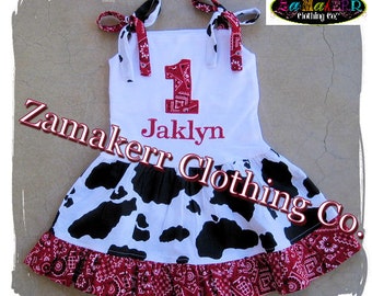 Cow Bandana Girl Dress - Custom Boutique Clothing - Girl Birthday Farm Ruffle Dress 3 6 9 12 18 24 month size 2T 2 3T 3 4T 4 5T 5 6 7 8