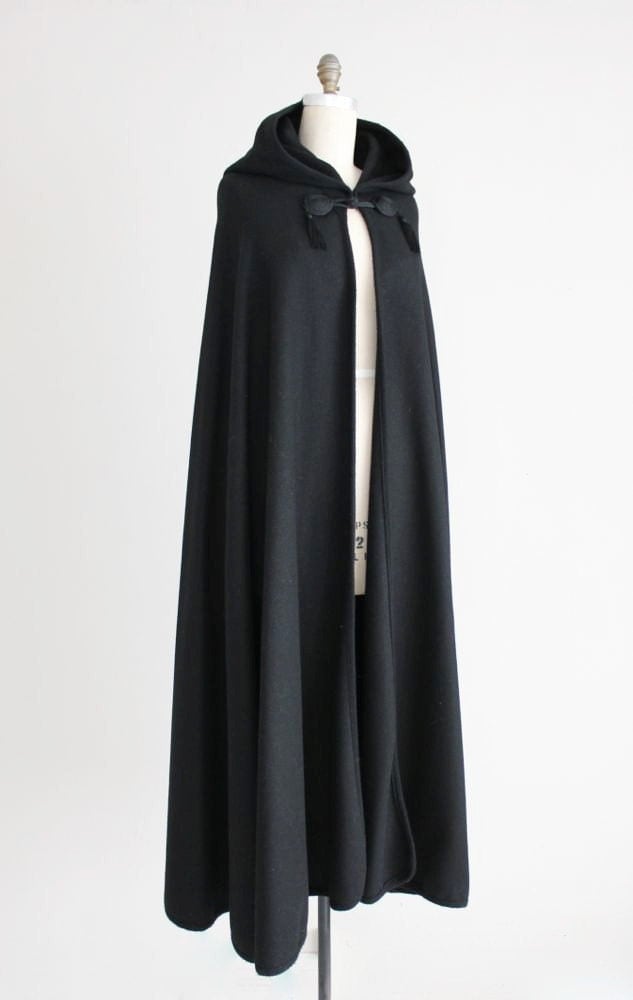 black hooded cape / wool cape / long black cloak